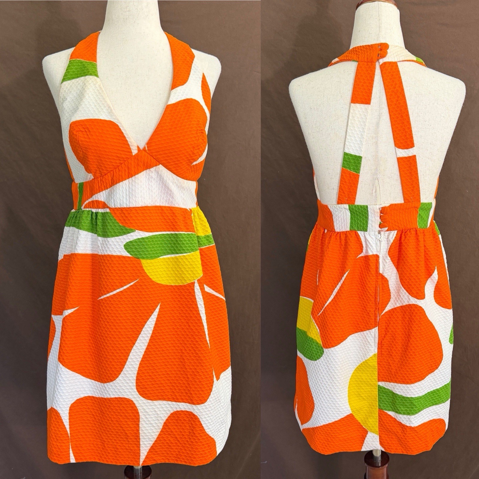 1960’s RARE BOLD Retro Mod Floral FLORENCE LUSTIG Sun Dress XS Open Back