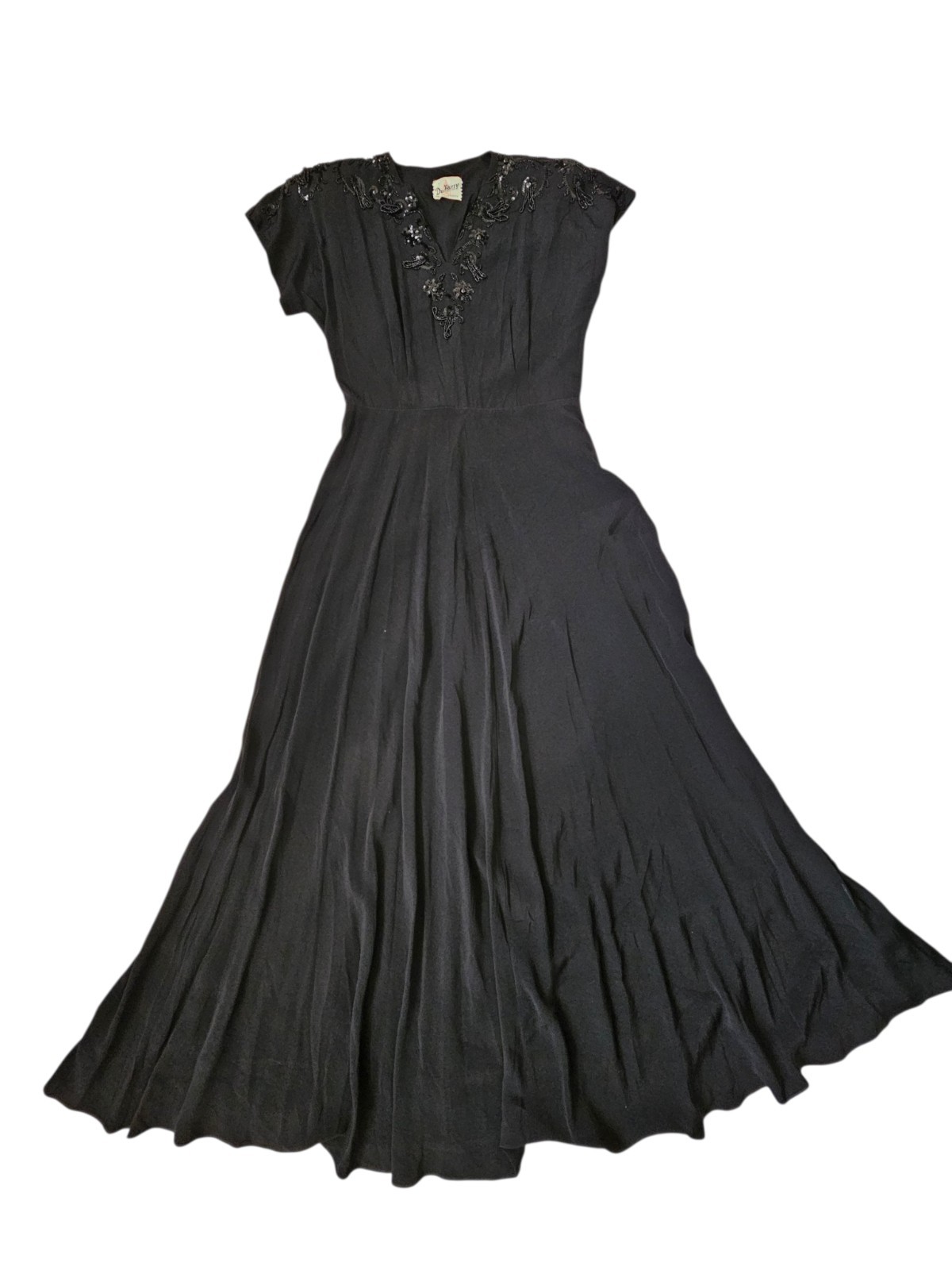Vtg 40s DuBarry Black Rayon Crepe Beaded Evening Maxi Dress W28-29″