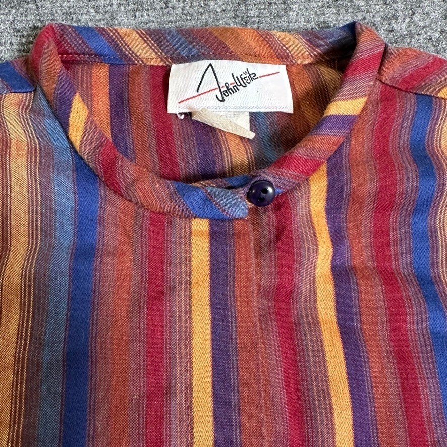 John Weitz Vintage 80s Blouse Band Collar Striped Multi-Color Long Sleeve Size 8