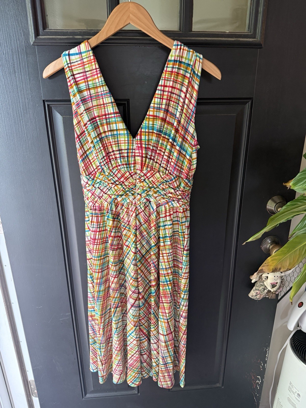Vintage 80’s Suzi Chin Maggie Boutique Midi Dress 6 Picnic Rainbow Plaid Pleated