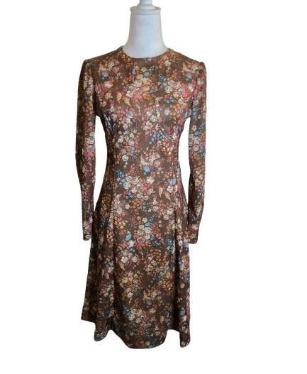 Vintage 70s Handmade Floral Prairie Dress Brown Long Sleeve Midi