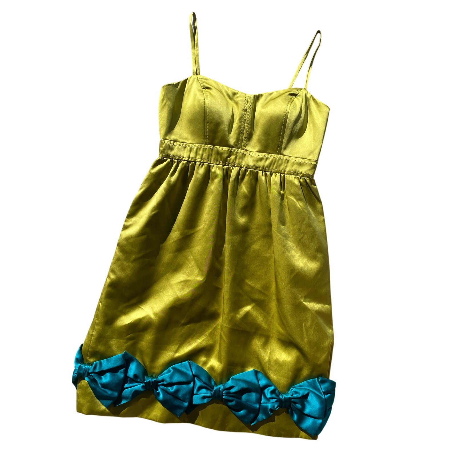 Y2k Chartreuse Green Silk Mini Dress Preppy Phoebe Couture Blue Bow Bratz Doll
