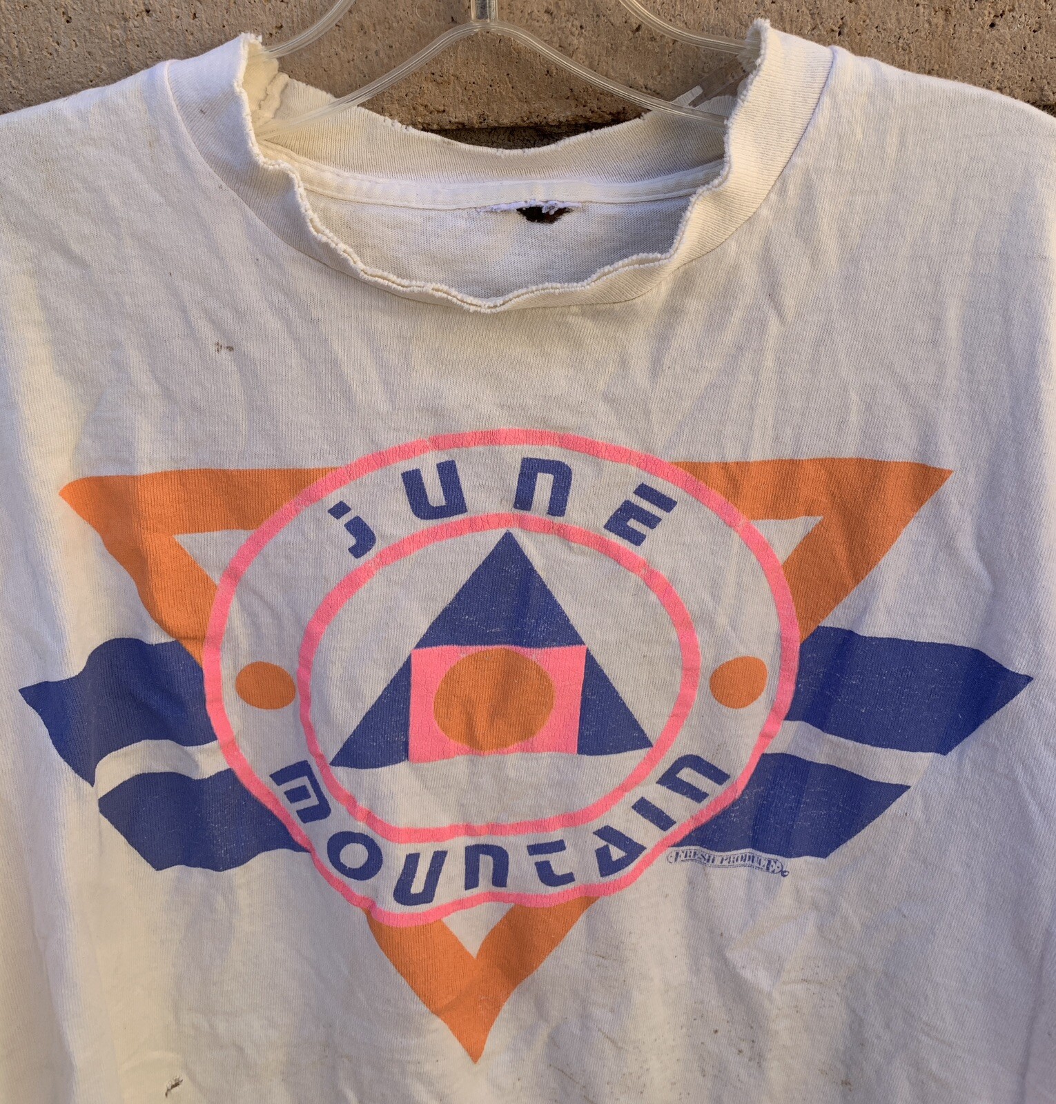 Vintage June Mountain T Shirt 80s Geomeric Neon Graphics Distressed Worn Holes