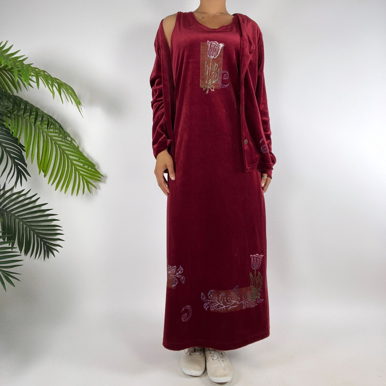 Vintage 90s Red Floral Velour Cottagecore 2-Piece Maxi Dress Cardigan Set / L