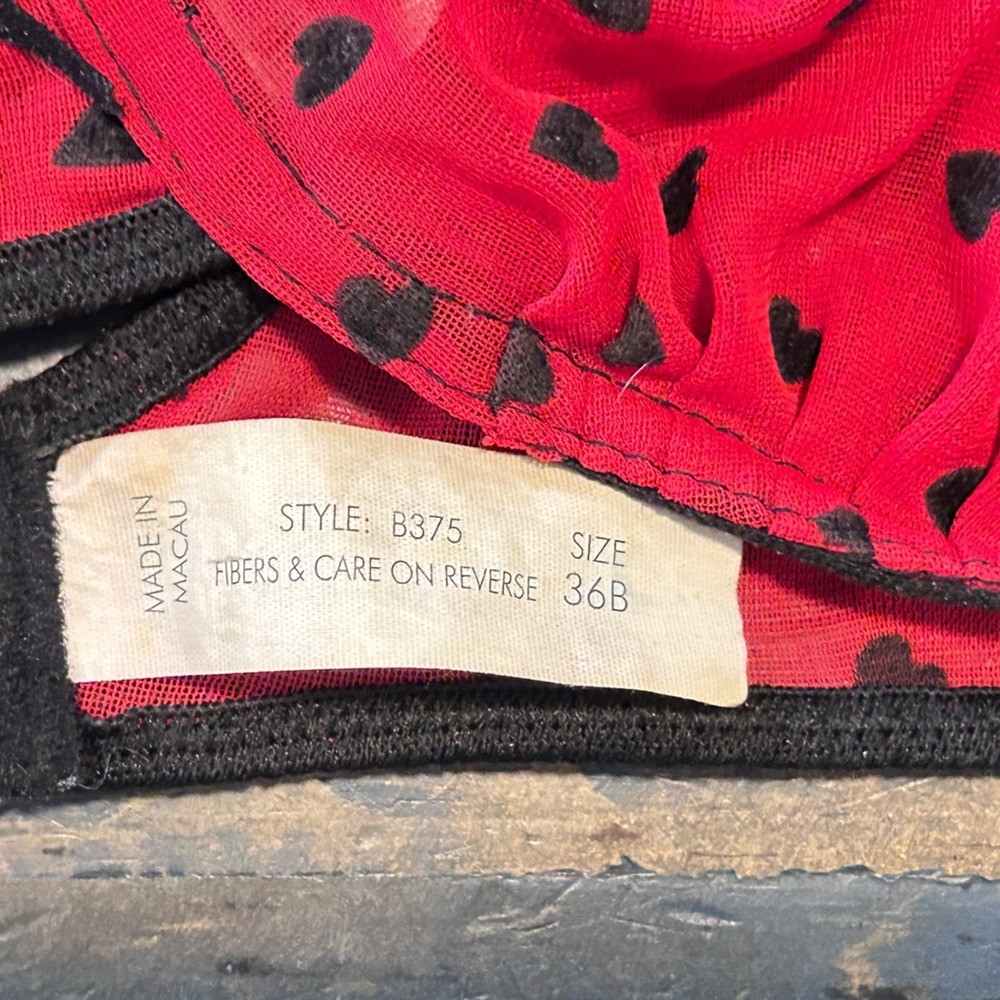 Vintage Red Mesh Heart Print Bra Sheer Black Trim 36B Sexy Date Night