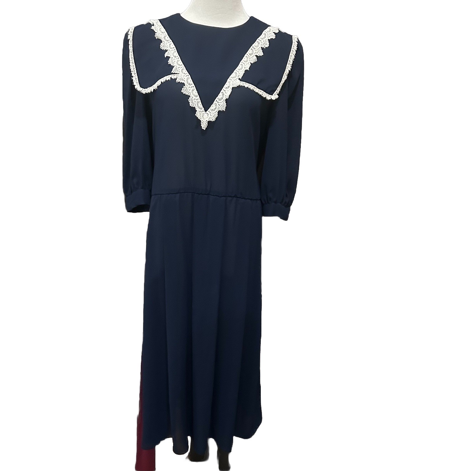 Vintage Women’s 80s Sailor Nautical Prairie Navy White Dress Midi 10