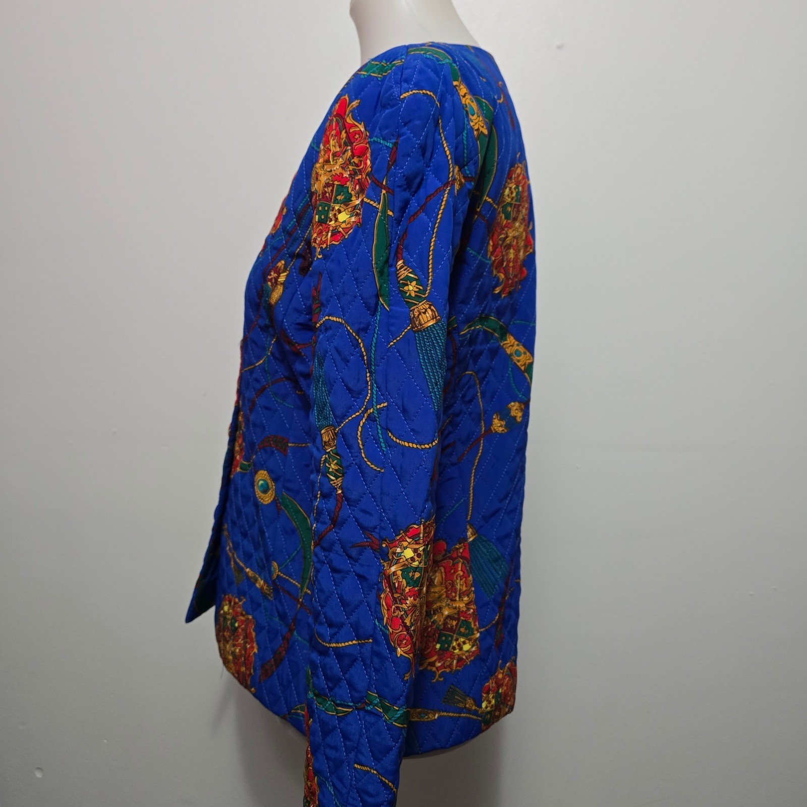 Tanner Vintage Quilted Jacket Royal Blue Equestrian Crest Print Size 6 Made