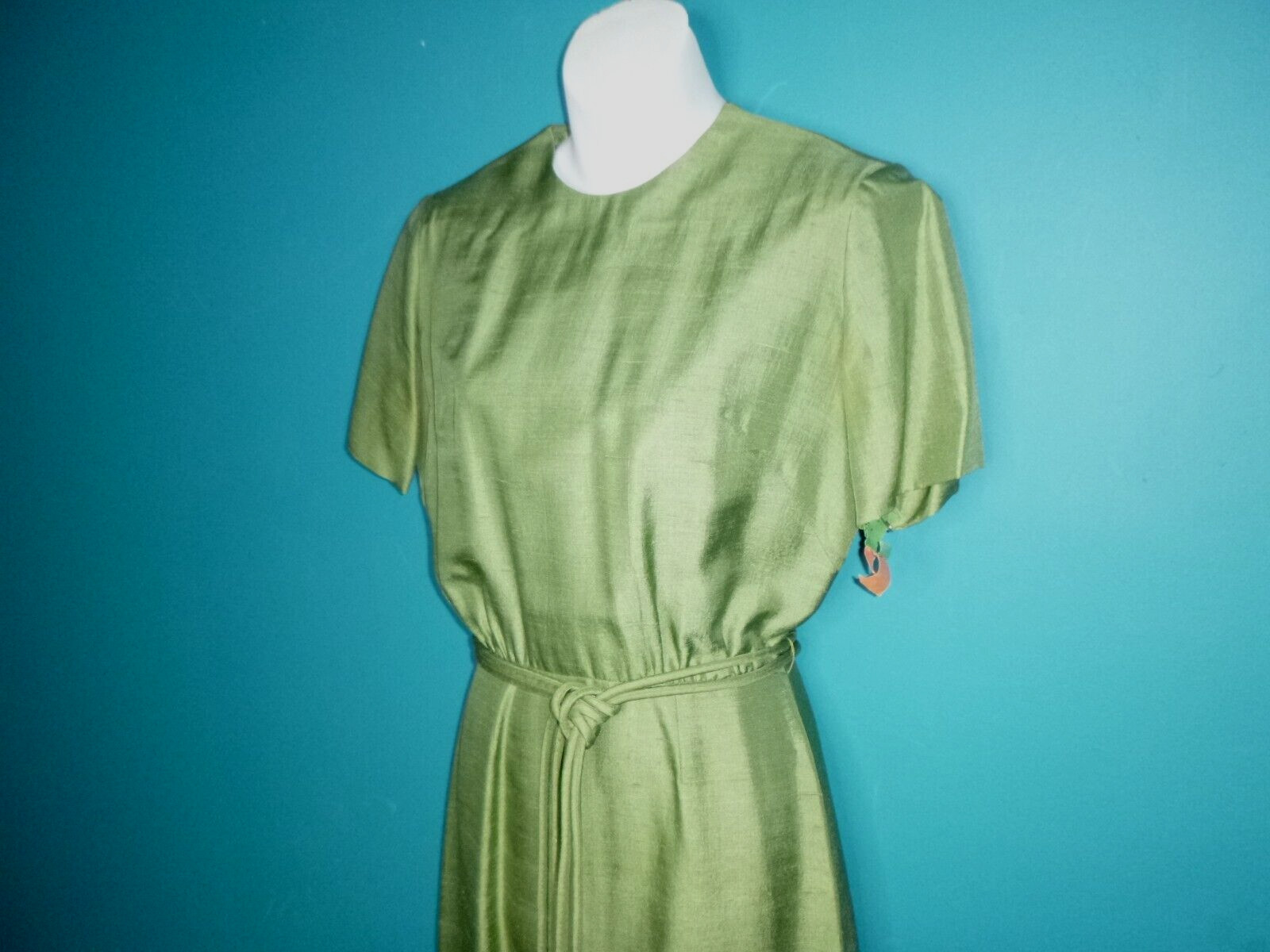 Vtg 50s 60s Mancini California Green Silk Dupioni Sheath Dress W/ Belt Sz S/M