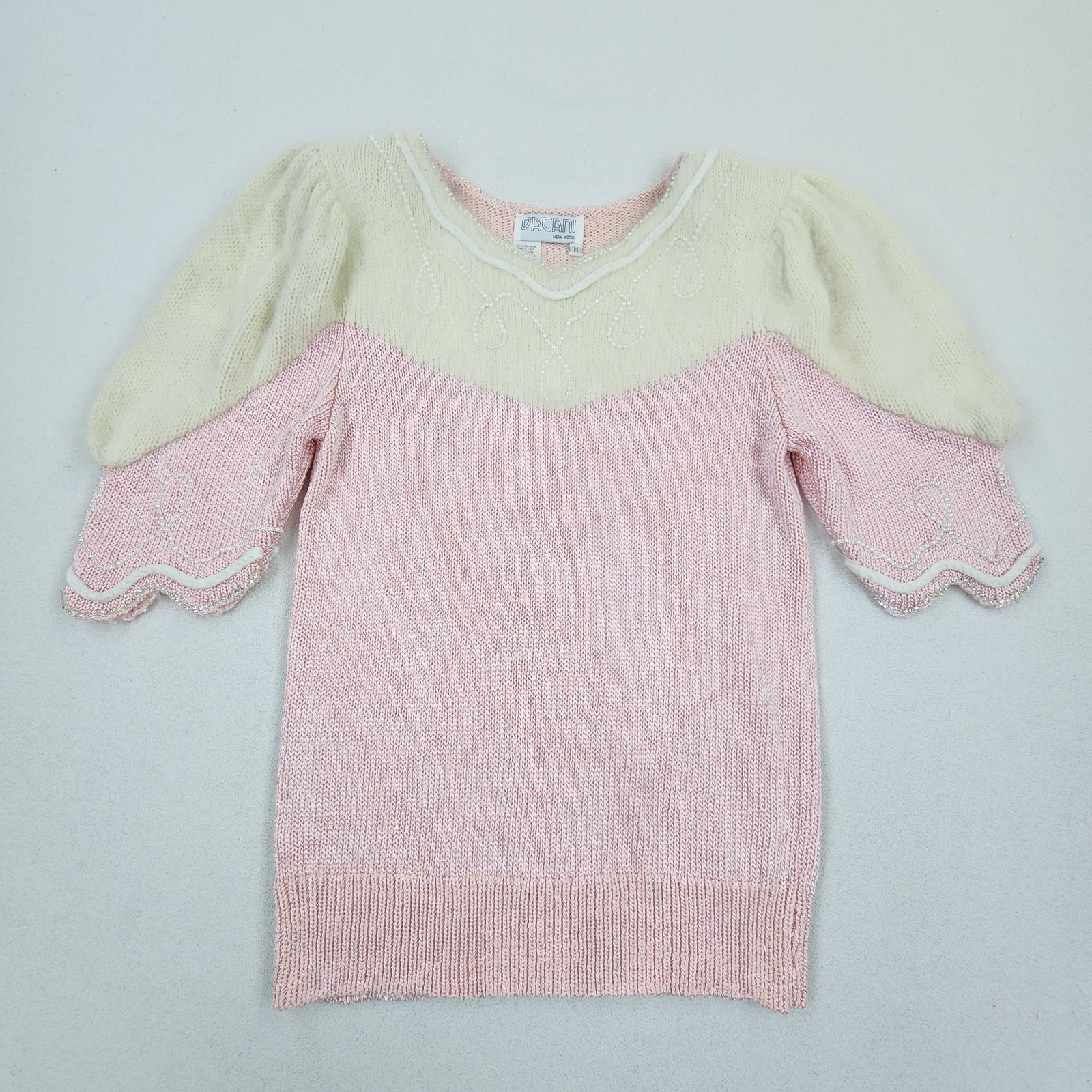 Vtg 80s DACANI Pink Knit Skirt Sweater Set Rhinestones Angora Shoulders Beaded