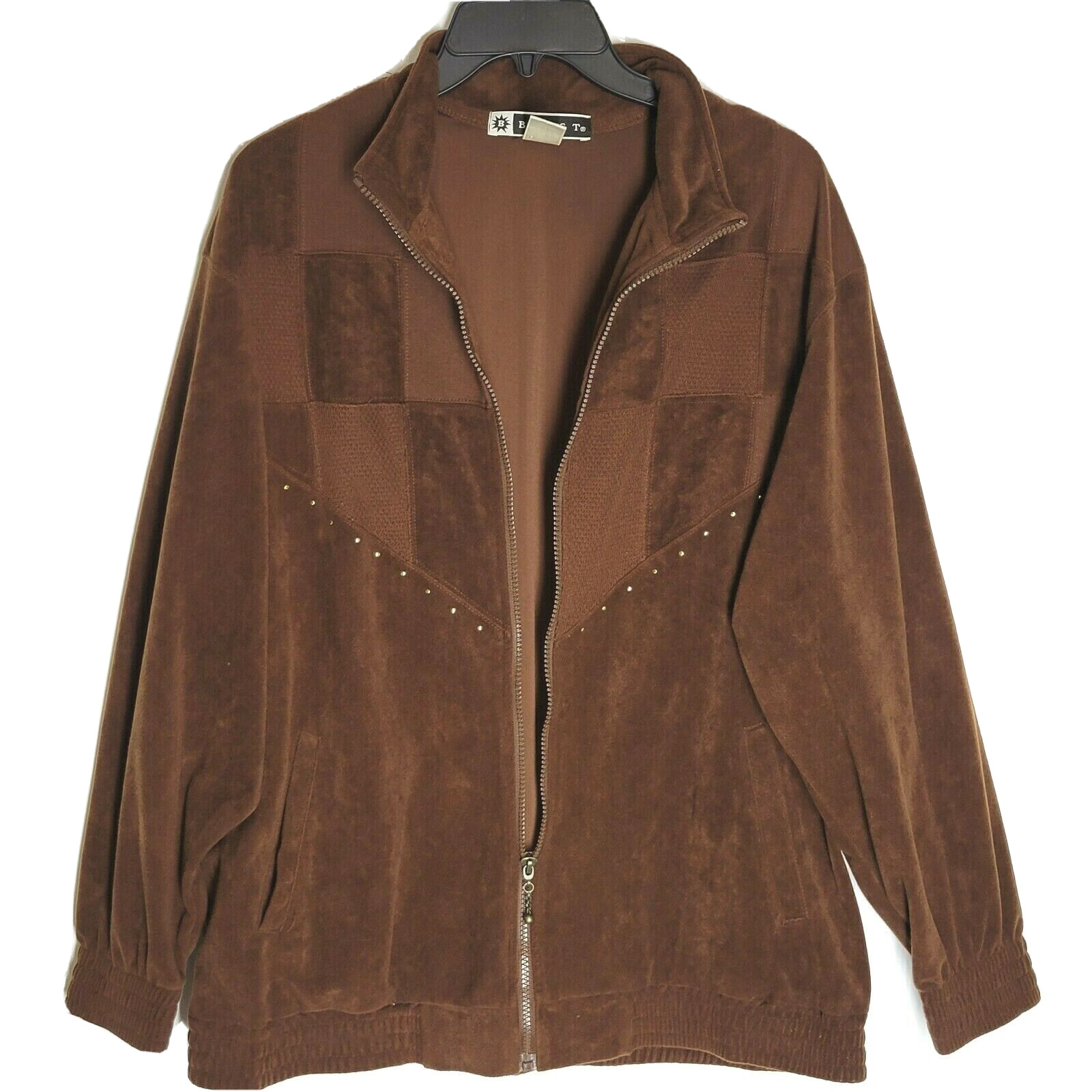 VTG Blast Womens Full Zip Jacket Size Medium Brown Velour Patched Work Pockets