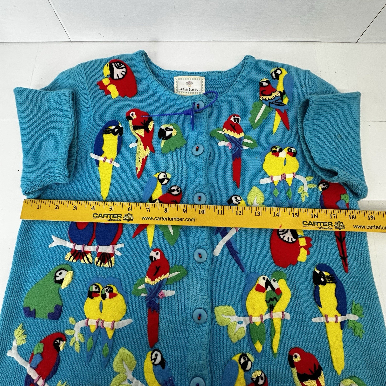 Susan Bristol VTG 1999 Parrot Cardigan Tropical Bird Knit RamieCotton Y2K S READ