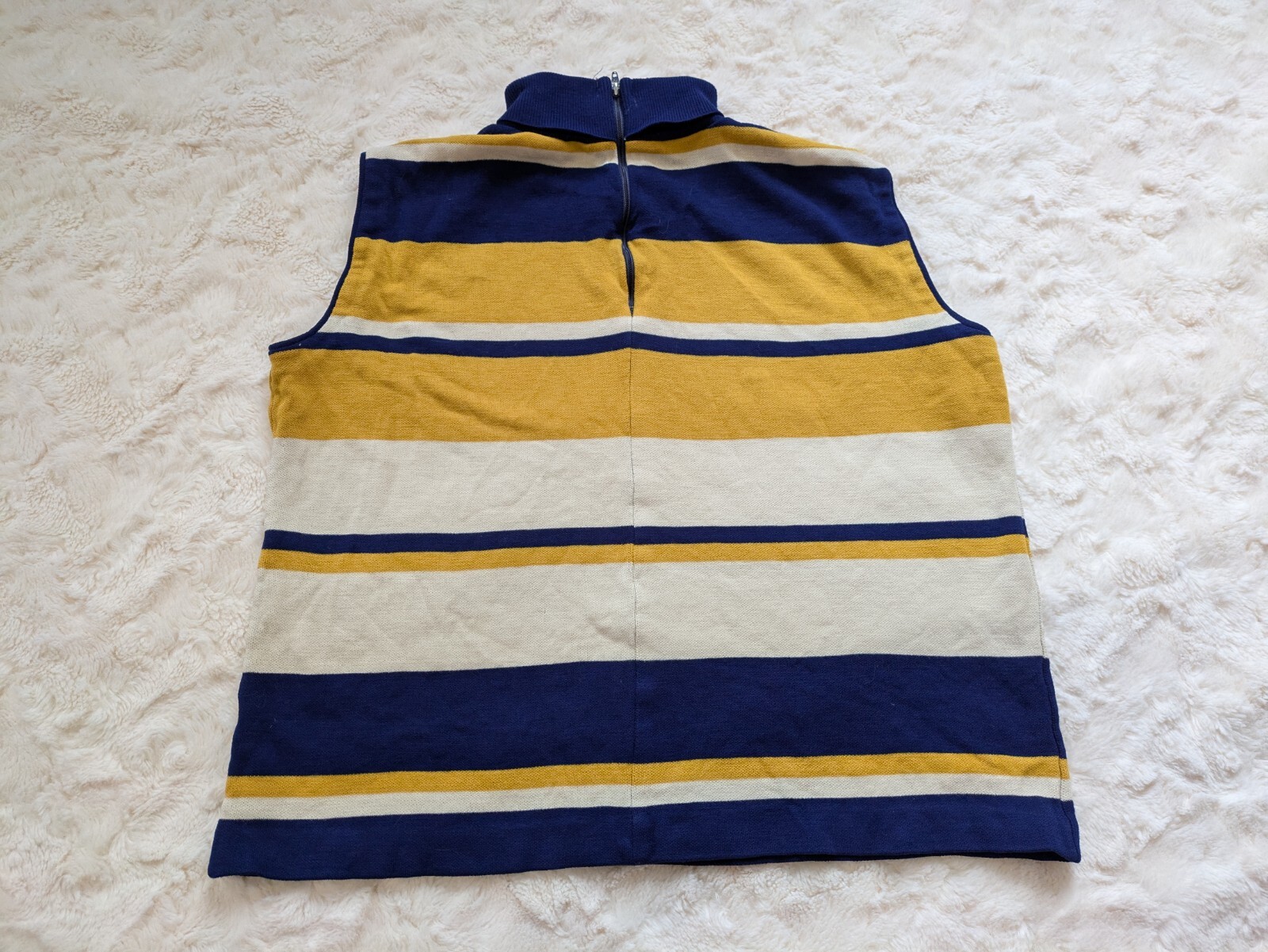 Vintage Mod Mock Neck Sleeveless Knit Layering Top Blue Yellow Stripes Large