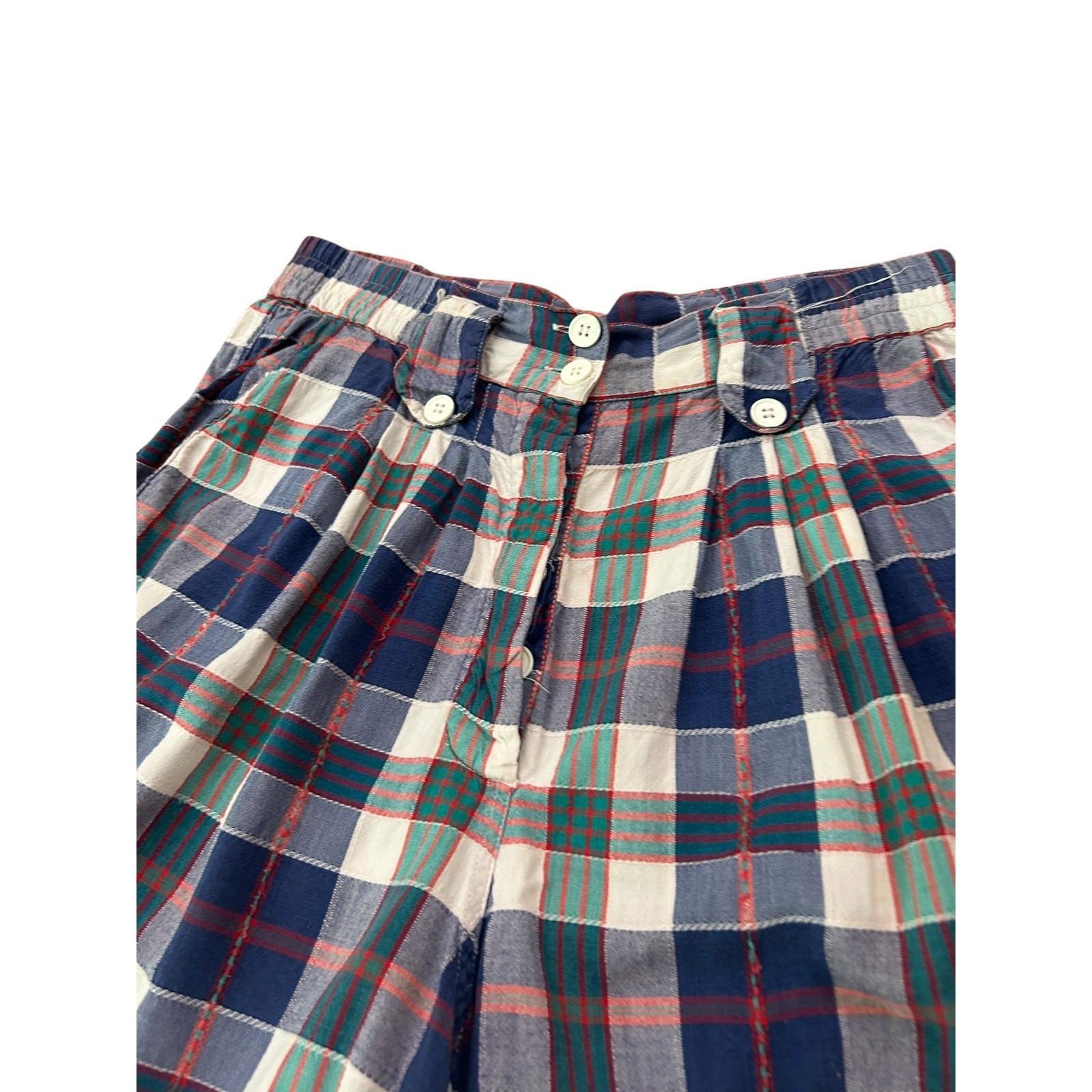 High Waist Plaid Shorts Vintage 80s Embroidered Pleated Cotton M/L Preppy ^