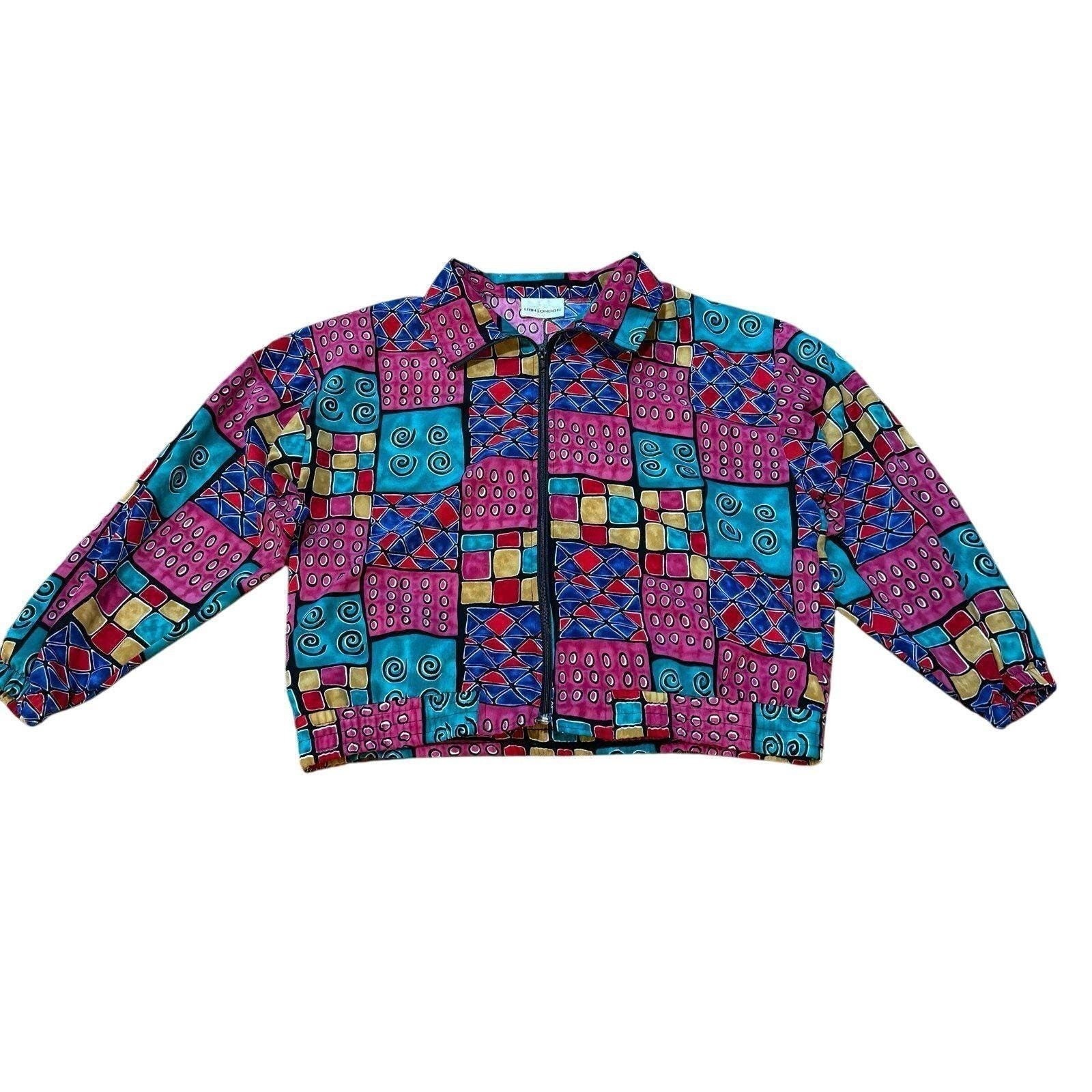 Erin London Vintage Geometric Patchwork Zip Bomber Jacket Multi Color Womens XL