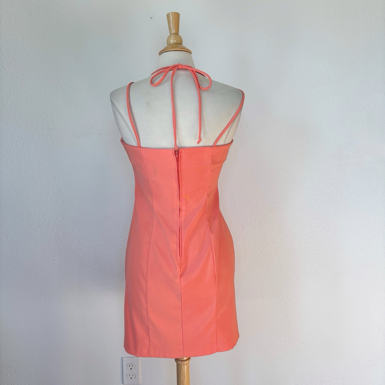Vintage 90s City Triangles Salmon Pink Fitted Floral Mini Dress Sz 9/10