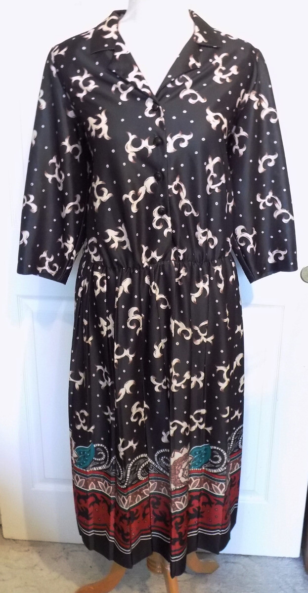 Vintage Black Print Polyester Dress Nancy II 18WP B44