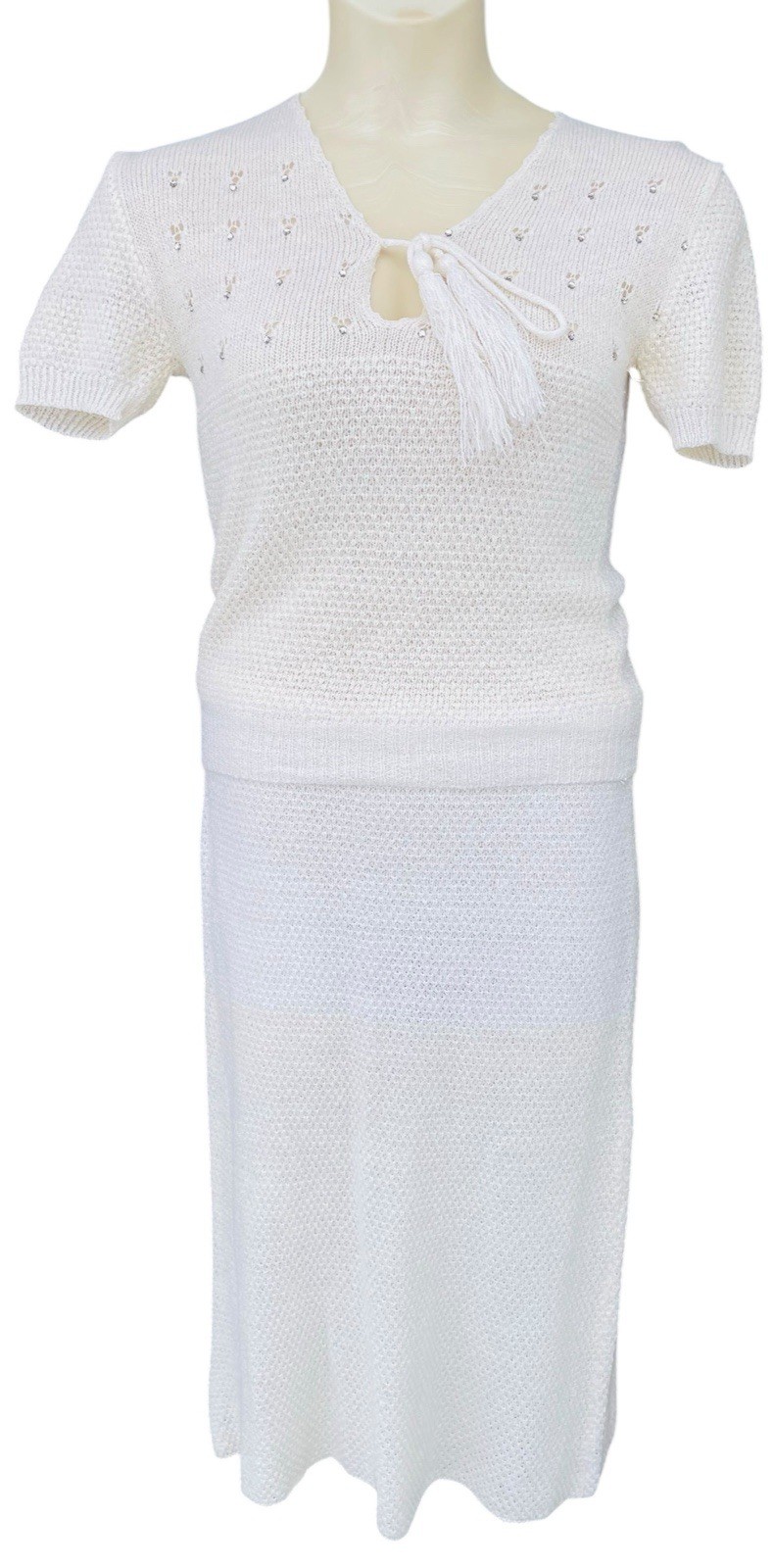 Vtg Bel D’or 70s Cream Knit Skirt Sweater Set Rhinestones Cottagecore Holiday