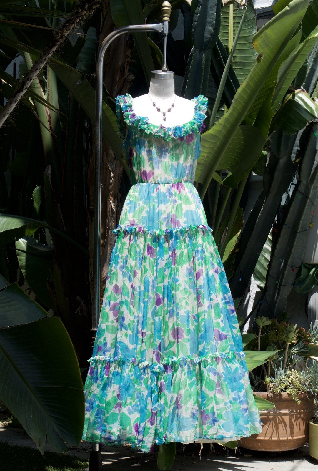 Vintage 70s 80s Oscar De La Renta Peasant Silk Organza Gown Ruffle Boho Dress