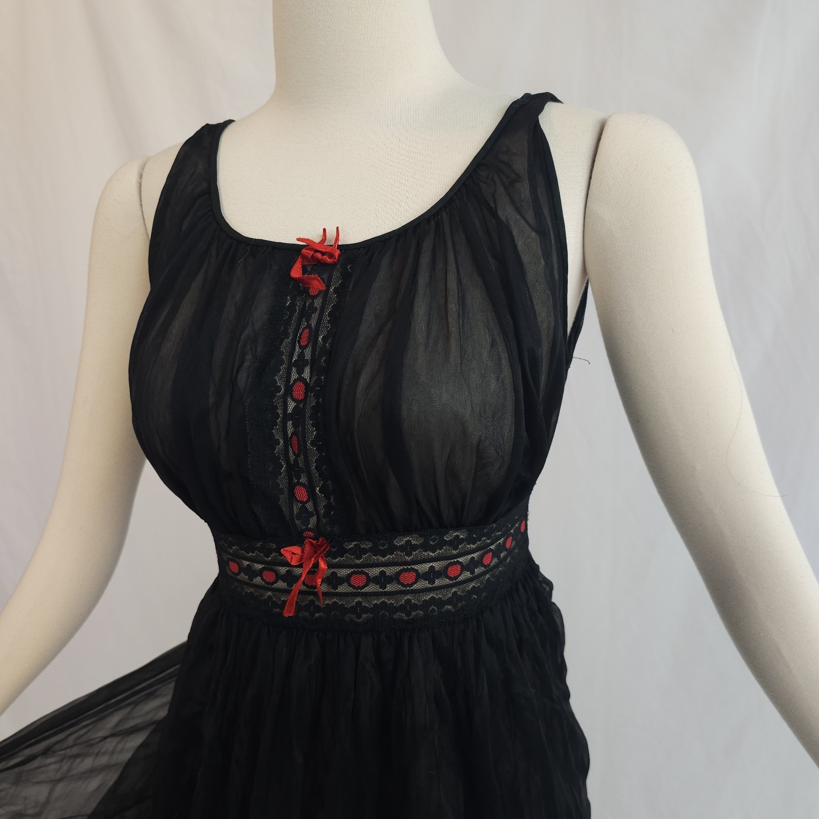 Vintage 1960s Black Lingerie Nightgown Slip Dress Red Lace Chiffon 60s Avian