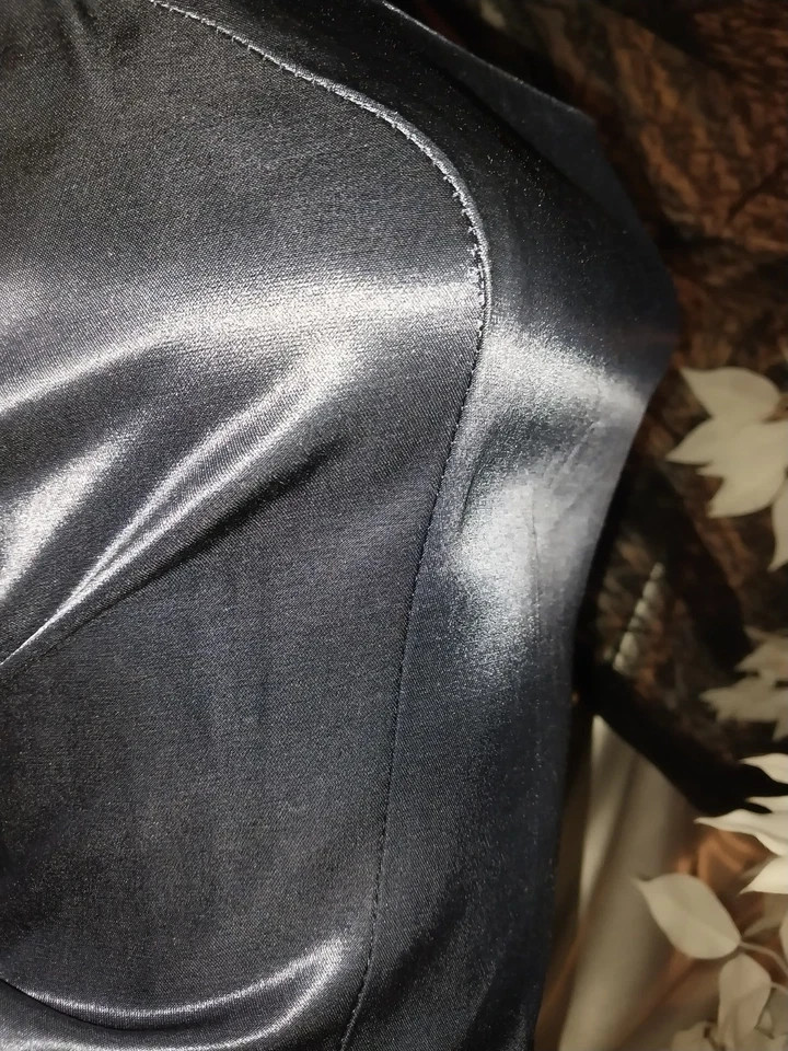 VTG SATIN SHINY RAYON DEEP BLUE SQUARE NECK MAXI DRESS JAZZ DECO CAGE BACK 5/6