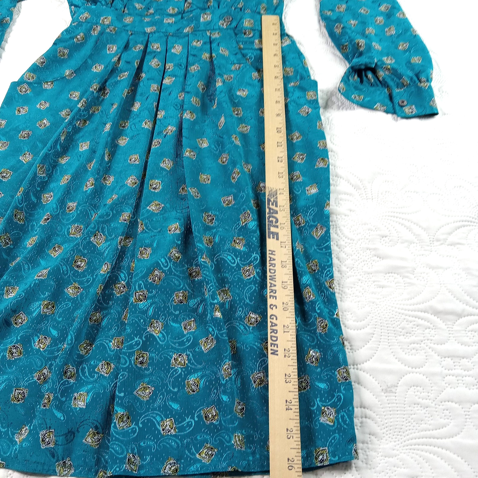 Schrader Petite Sport Shirtdress 6 Teal Paisley Pleated Banded Waist Vtg 80s EUC