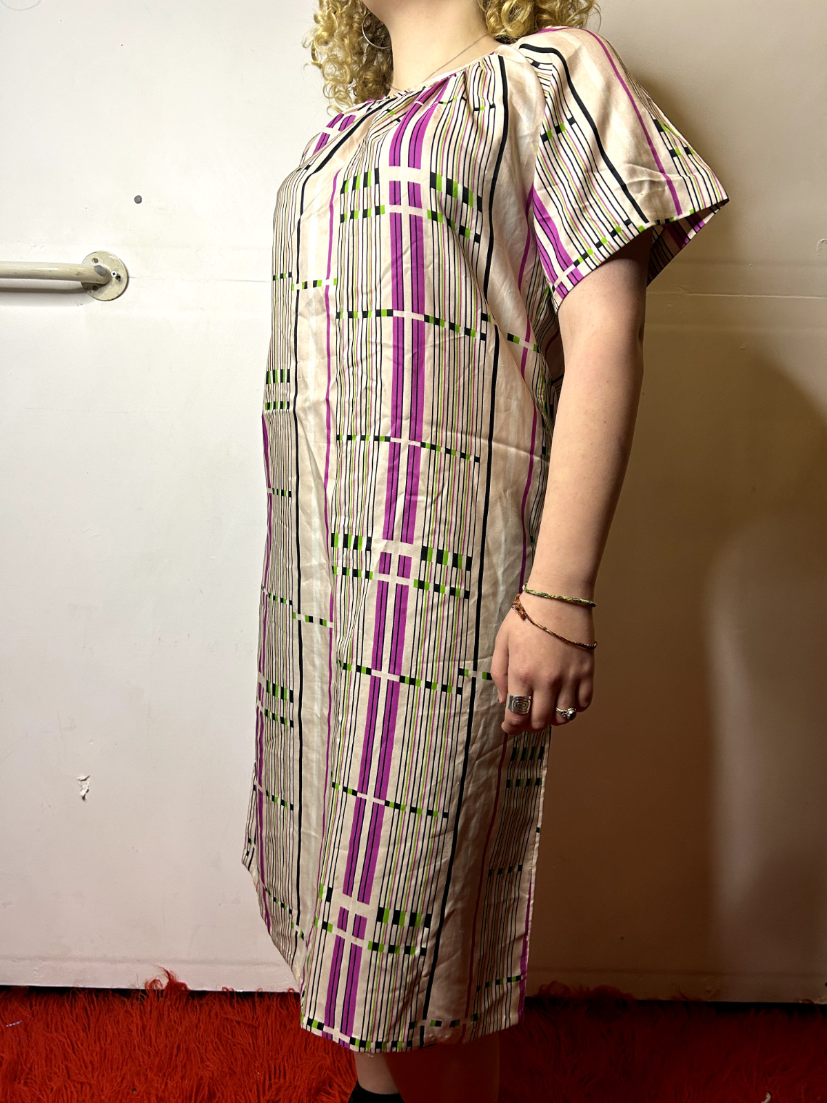 Vintage 1970s Smock Dress Gathered Neckline Short Sleeve Geometric Print AU 14