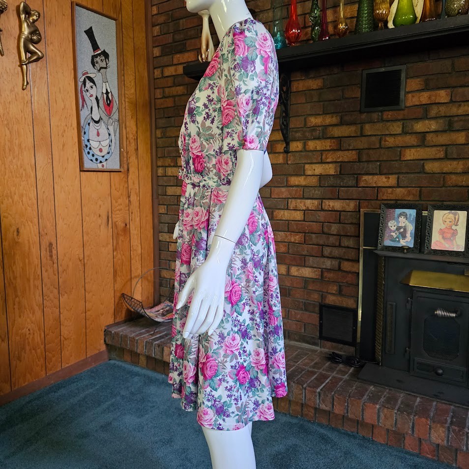 Vtg 80s Garden Party Cabbage Rose Granny Floral Belted Shirtwaist Tea Dress PM/L