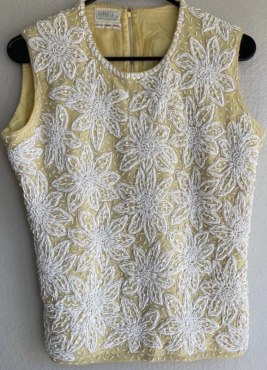 Cavanagh’s 1960s yellow pure wool shell top White Beaded