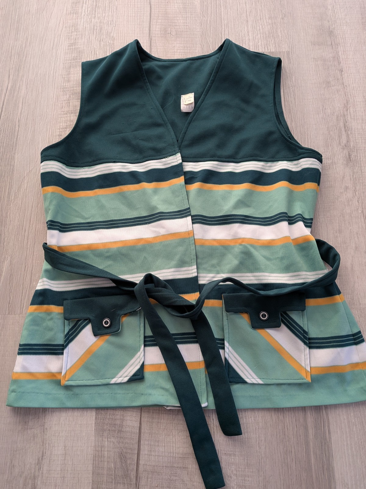 1960s-70s Polyester Vtg 18.5 Vest Lounge Wear Green White Gold Stripes With Tie