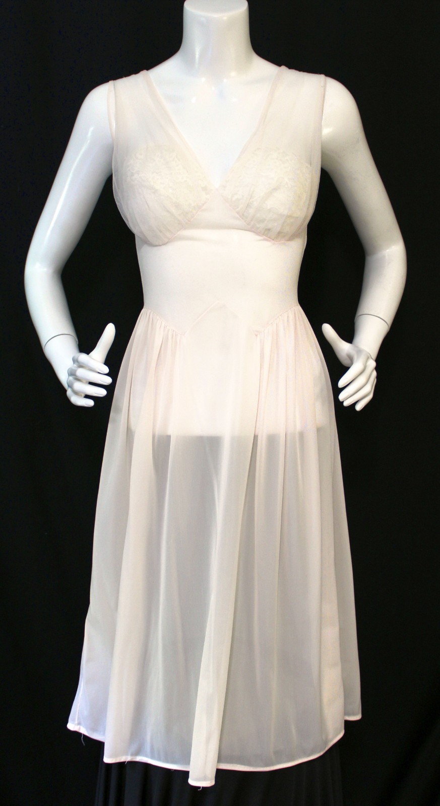 VTG 70s Vanity Fair Pale Pink Sexy Nightie Bodycon Waist Sheer Lace Cups Size 34