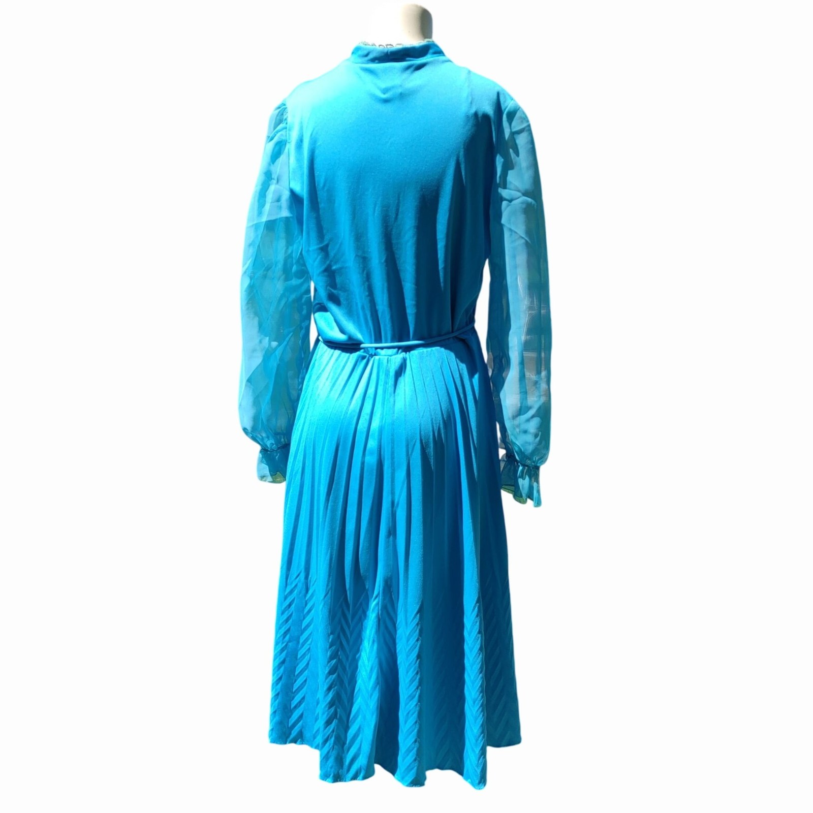 Turquoise Blue Long Sleeve Dress Sz 10 Vintage Sheer Sleeves Pleated Skirt Retro