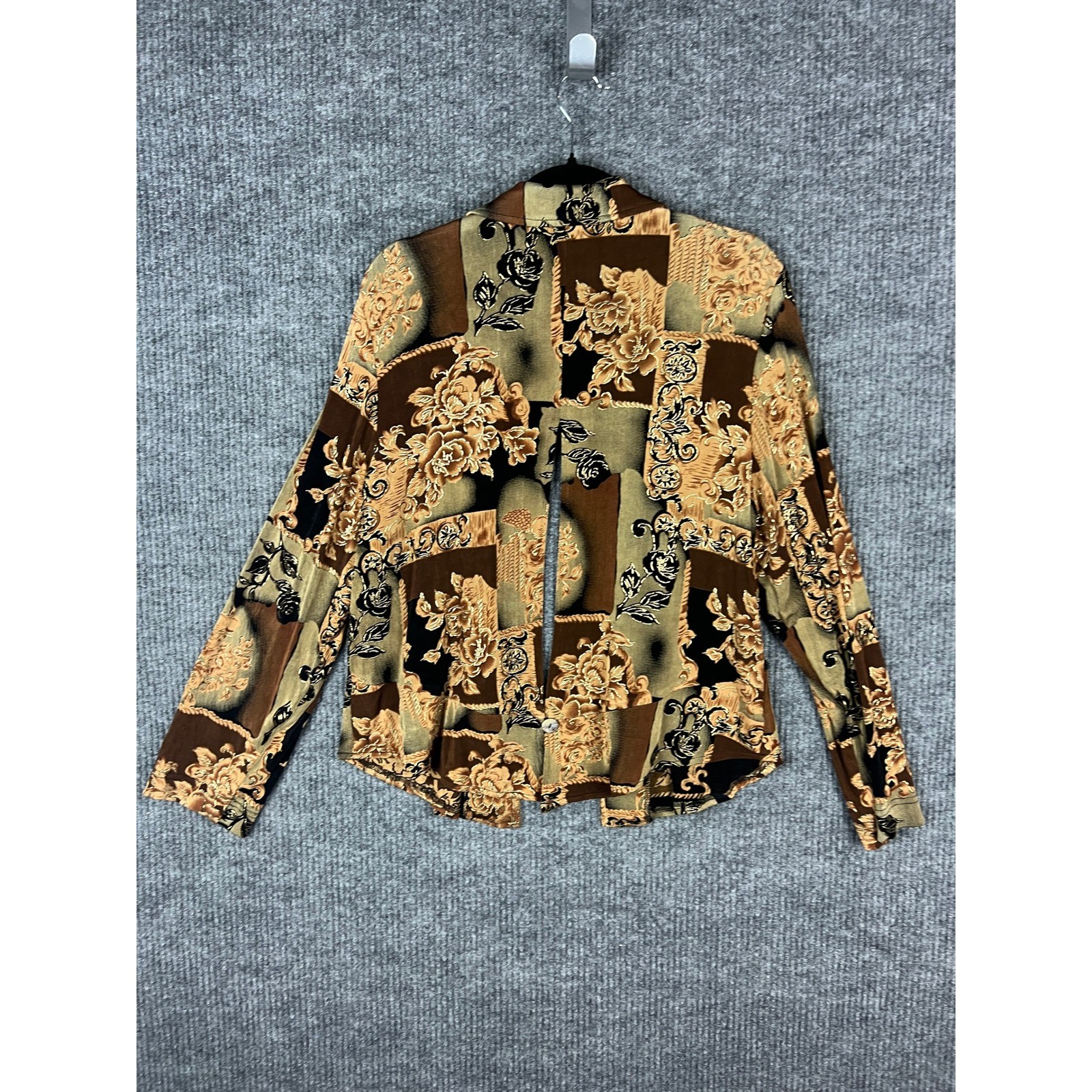 Vintage Whimsigoth Dark Romantic Floral Shirt R&M Richards L Metallic Slit Back