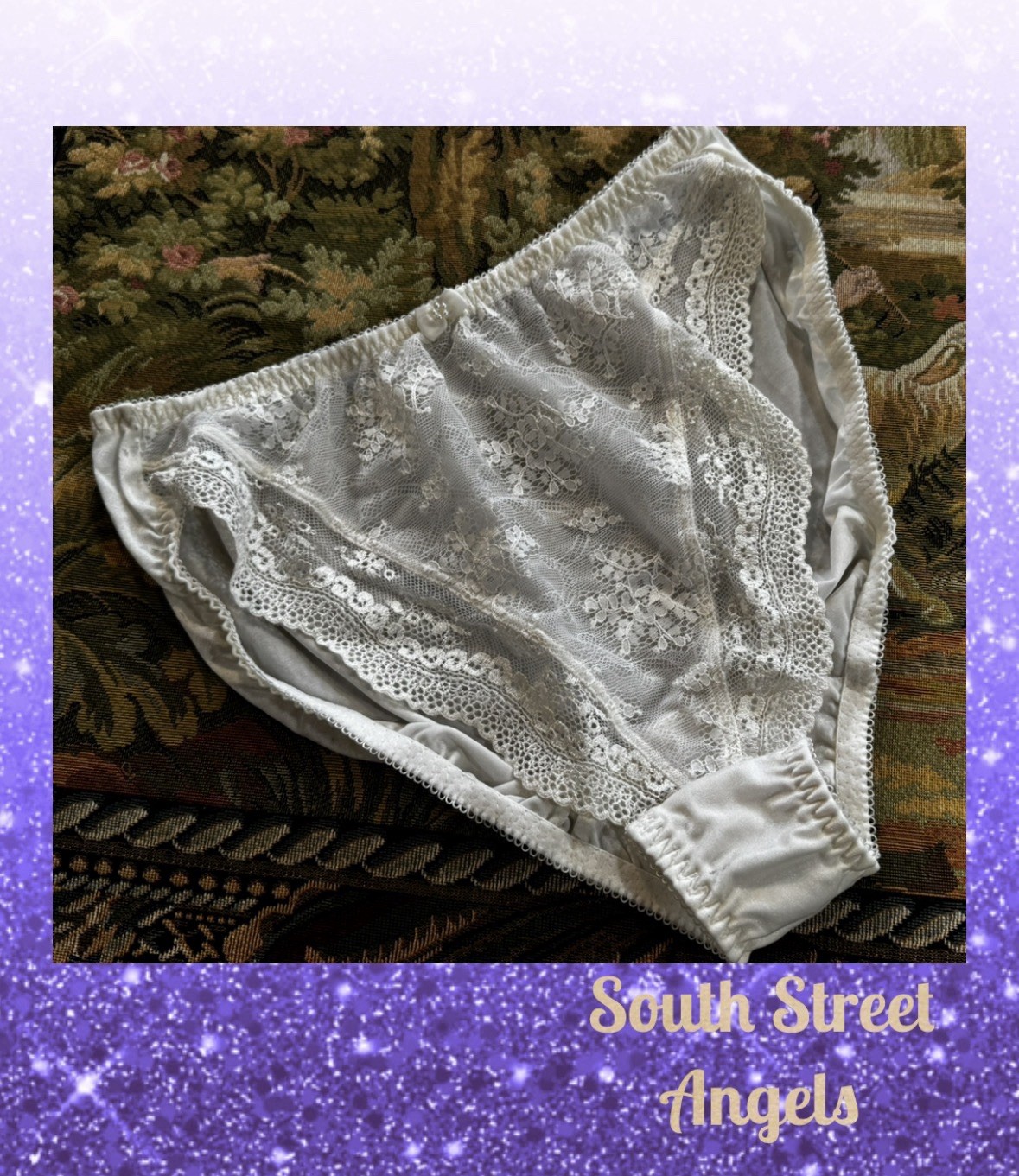VINTAGE JONVIEVE WACOAL 94911 WHITE SATIN & LACE HI-CUT BRIEF PANTIES ~ LARGE