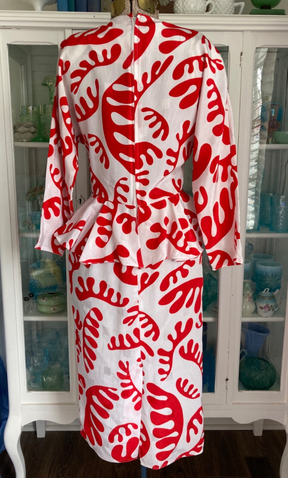 Vtg 80s Billy Jack For Her White & Red Amoeba Midi Dress Wiggle Peplum S 32 Retr