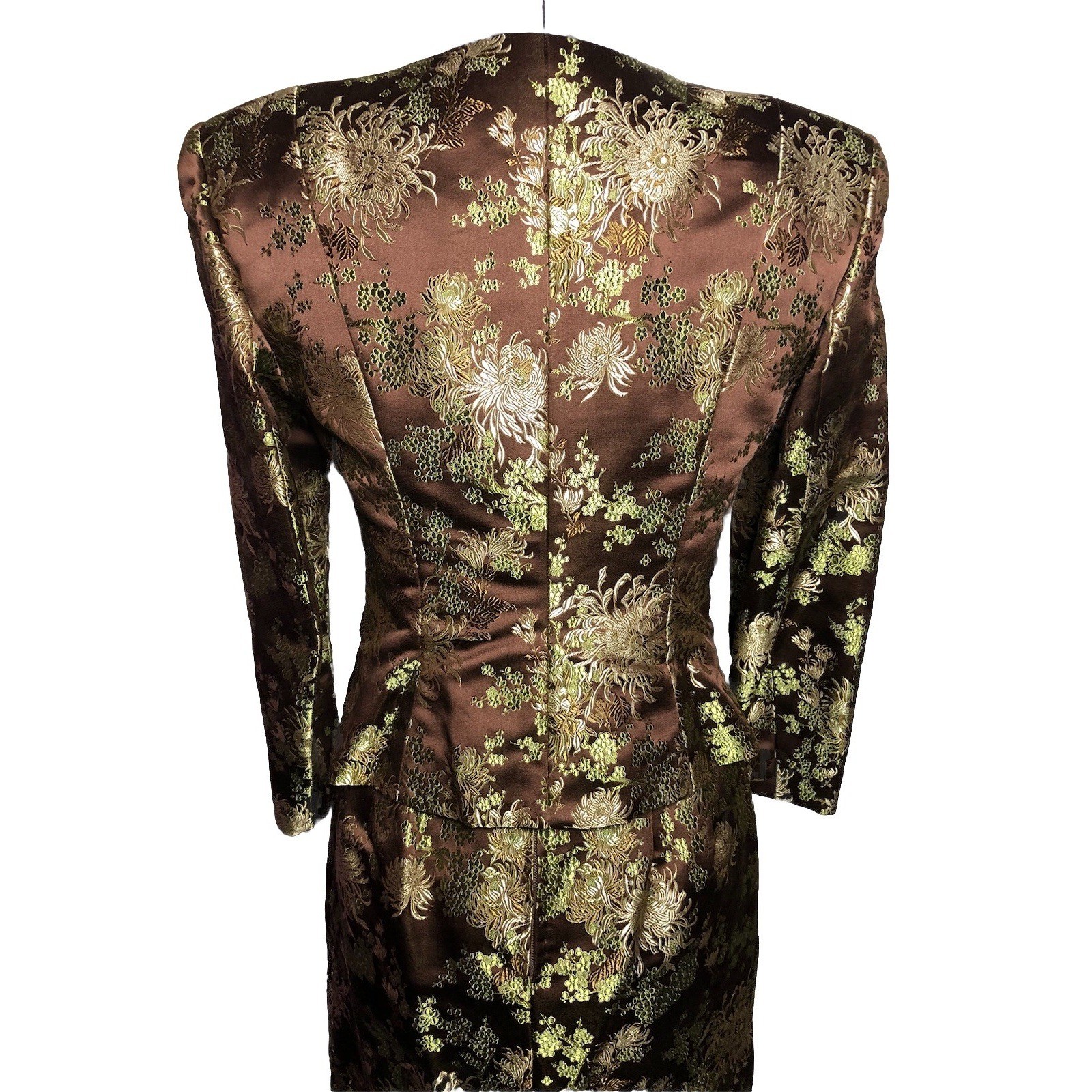 Vtg 70s 80s Brown Brocade Skirt Suit Metallic Floral XS S 2–4 Jacket Skirt Set