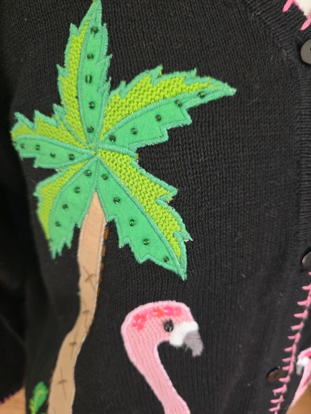 90s Vintage The Quacker Factory Embroidered Beaded Flamingo Cardigan Womens s