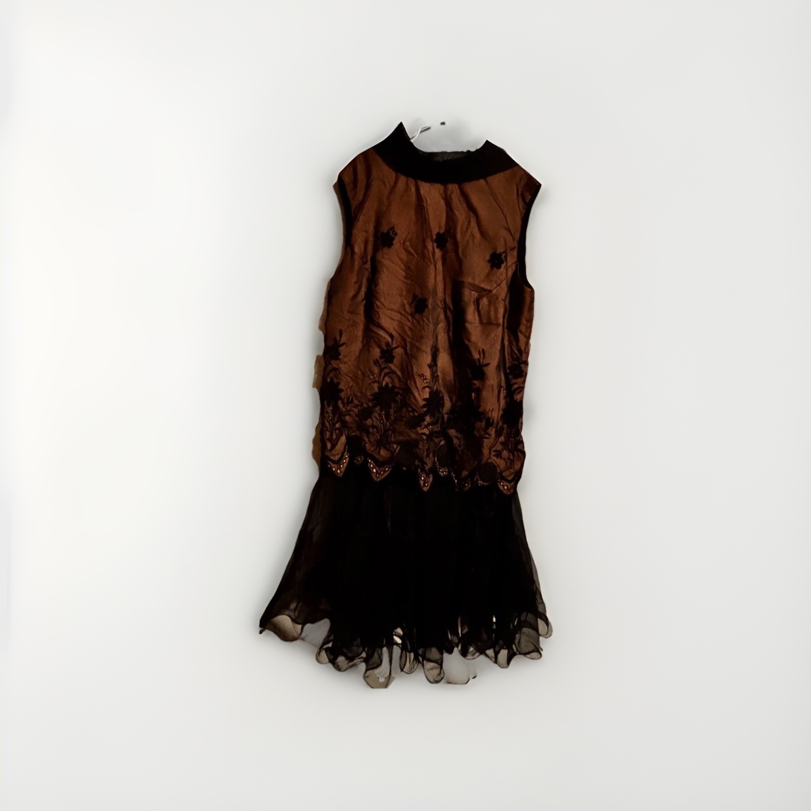 Vintage Jack Bryan Brown & Black Chiffon Dress Velvet Collar Evening Wear Sz 7