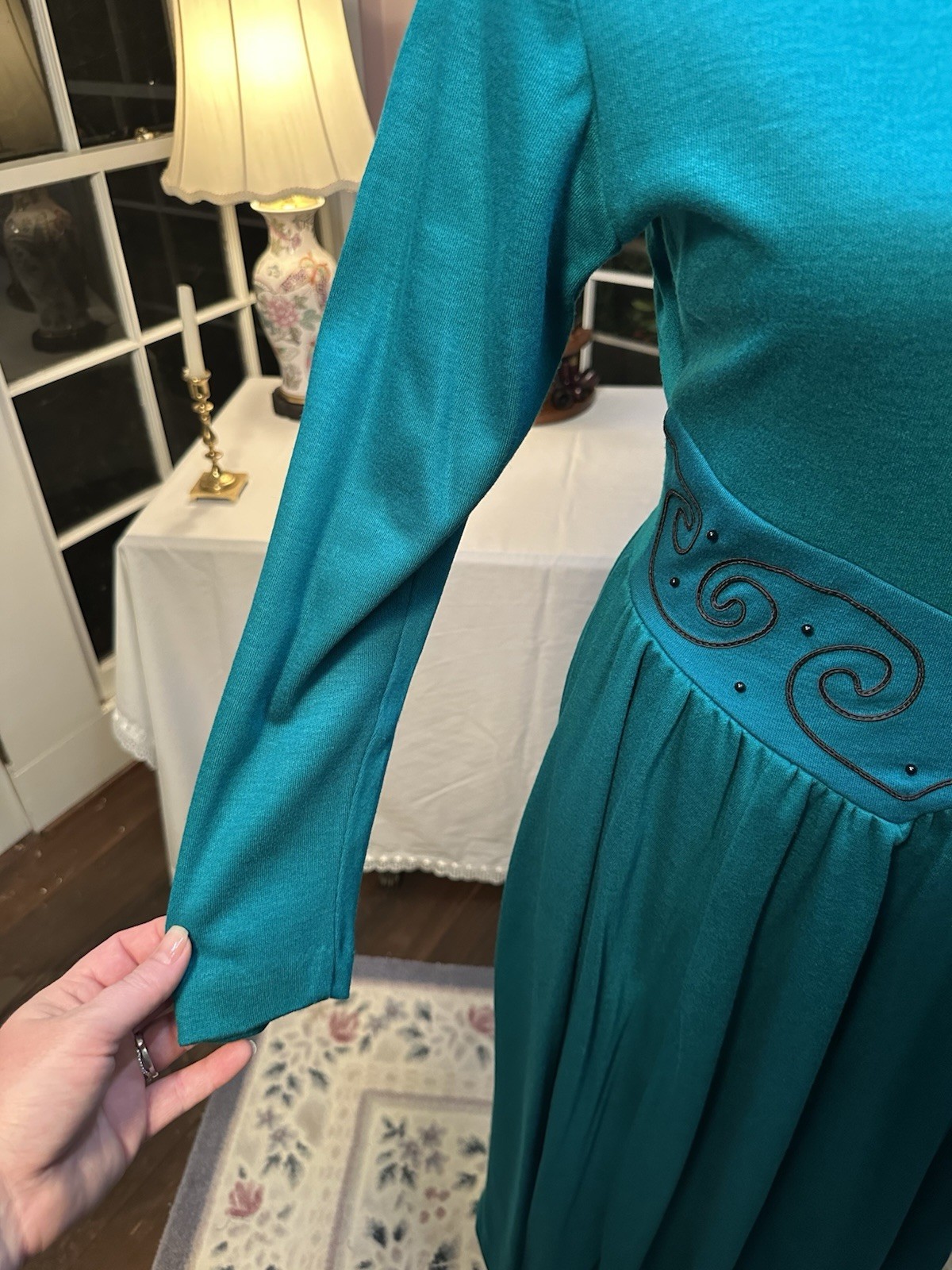 Vintage 80s Long Sleeve Green Dress Elegant Waist Pockets Fit To Flare Rodeo