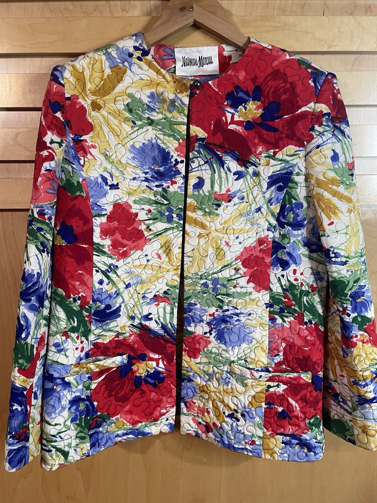 Vintage Neiman Marcus Floral Watercolor Quilted Jacket Size 10 by David Hayes