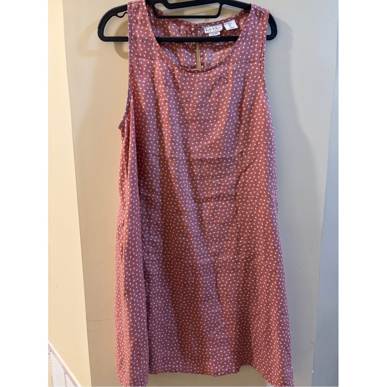 Pink 100 Linen Polka Dot Sleeveless Shift Dress Sz L Lightweight Pockets EUC