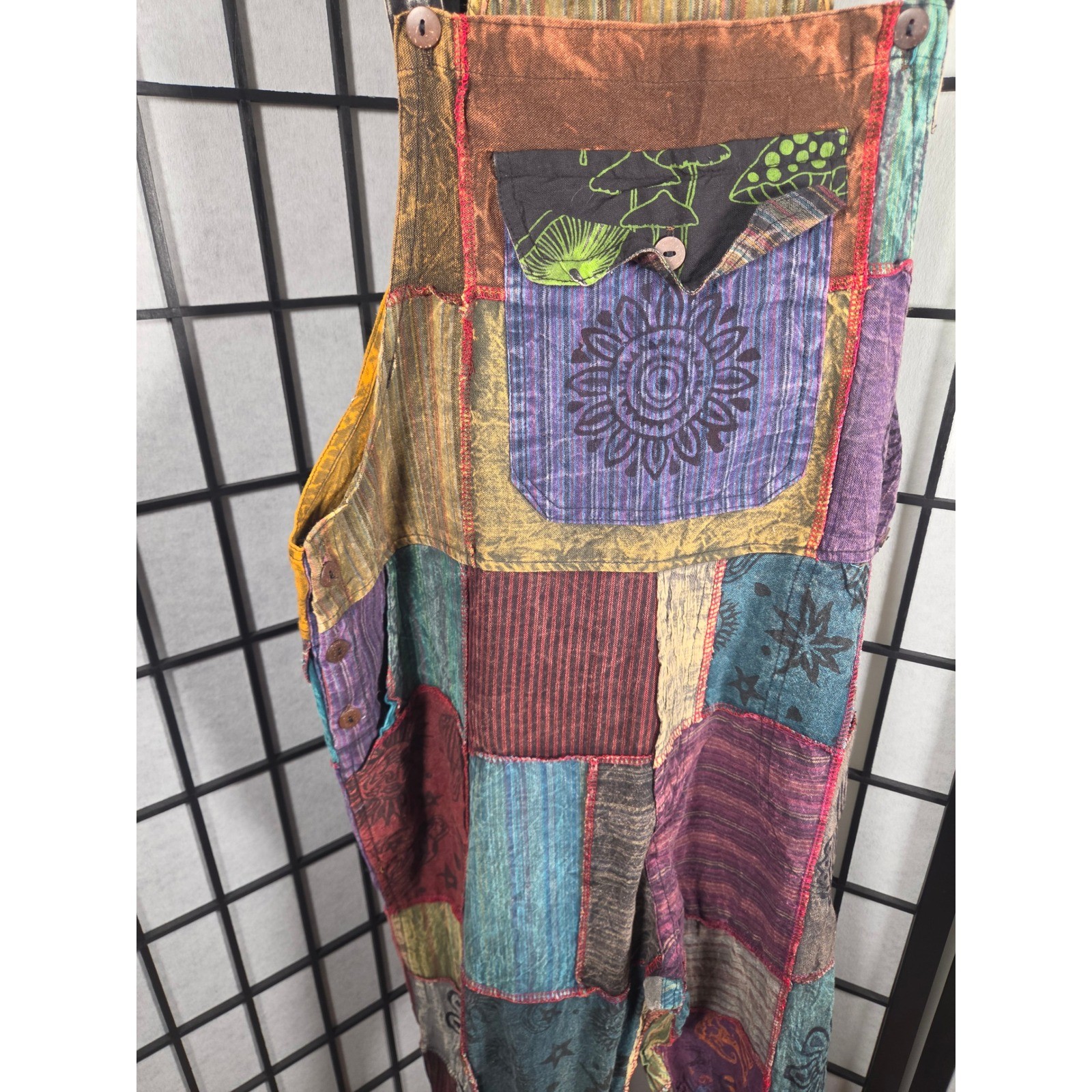 Patchwork Overalls Multi Color Block Print Hippie Festival Bib Jumpsuit LARGE