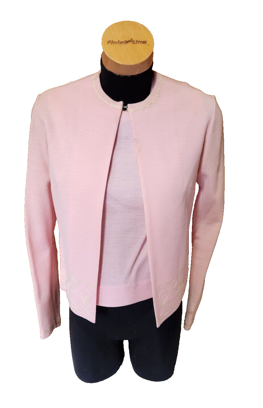 Gay Gibson VTG 1960s Pink 3 Piece Suit Womens Floral Embroidered Mid Century Mod