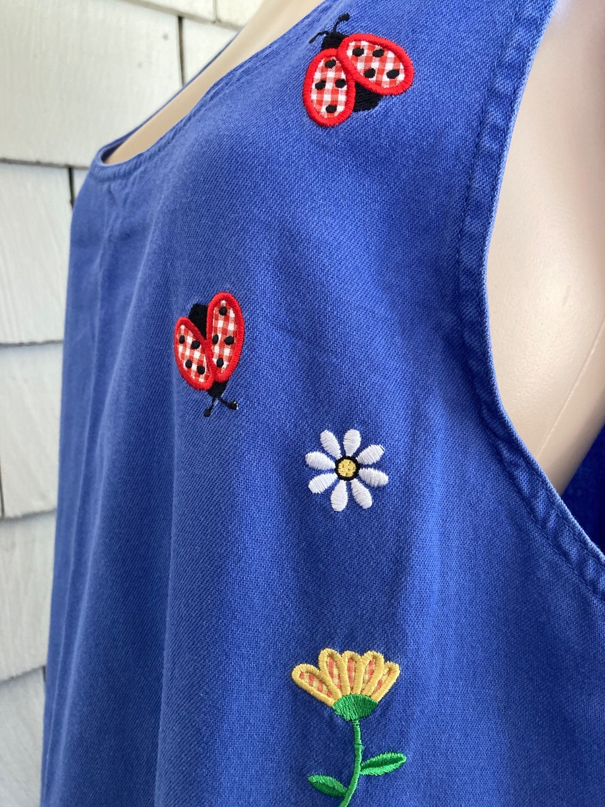 Vintage Boho Mandal Bay Maxi Dress with Embroidered Flowers Ladybugs Size Large