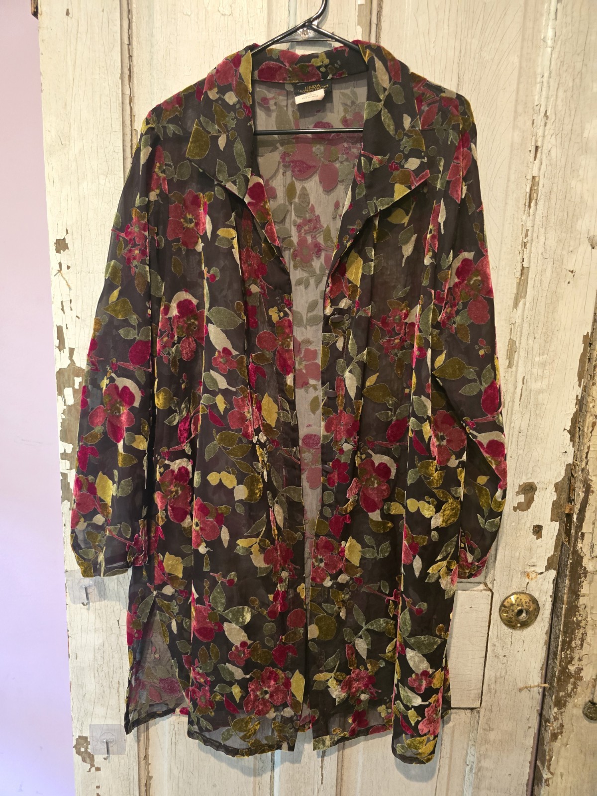 Linda Lundstrom Vintage Sheer Duster With Velvey Floral Print Boho Witchcore 18