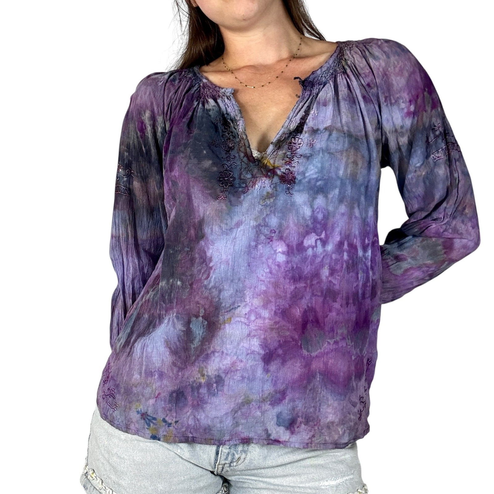 Vintage 1970s Hand Dyed STAR OF INDIA Cotton Smocked Boho Blouse