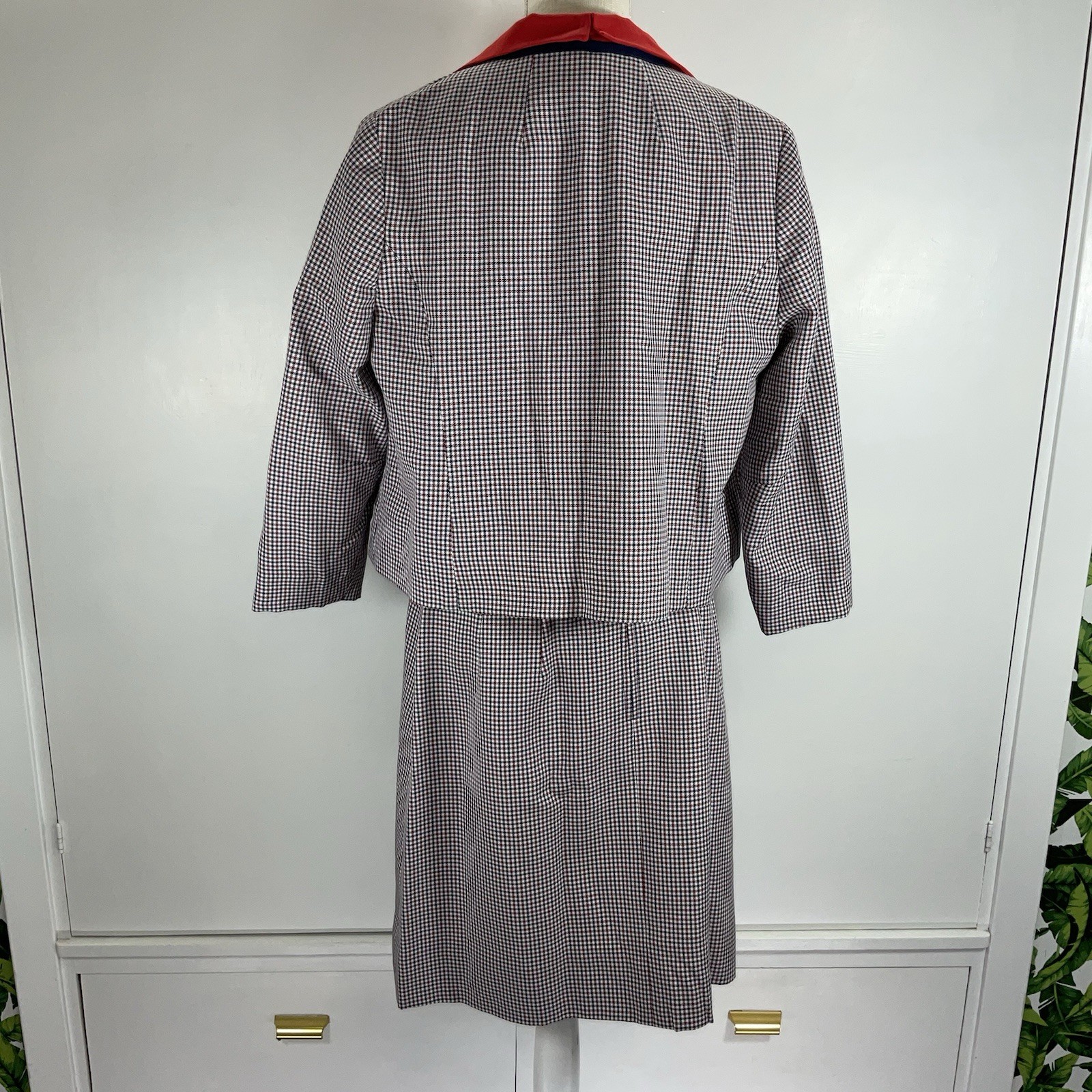 Vintage 60s 70s Handmade Womens 3 Pc Skirt Suit Red White Blue Plaid Gingham Mod