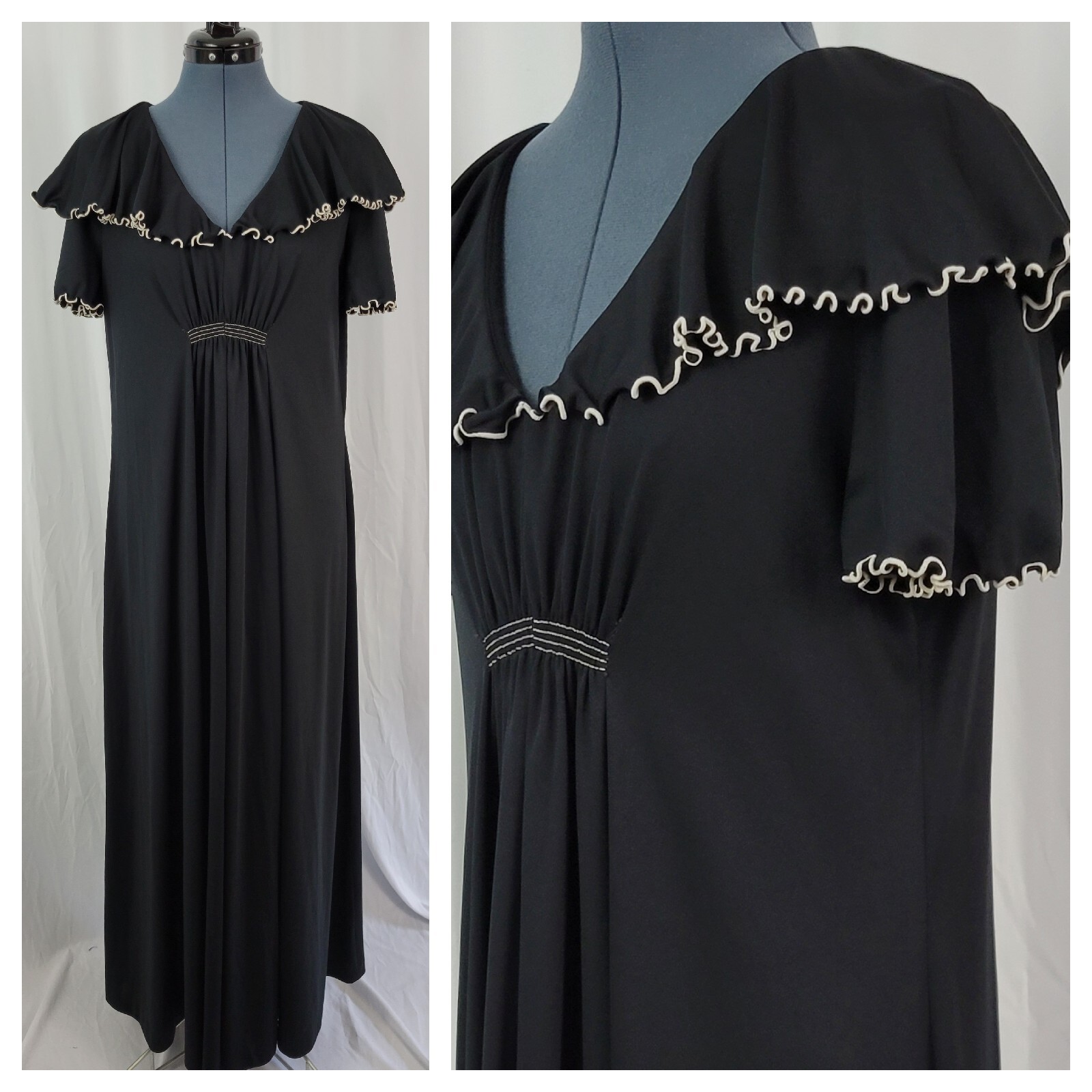 Vintage Black Dress w Shawl Collar Cream Piping Accent Size 14