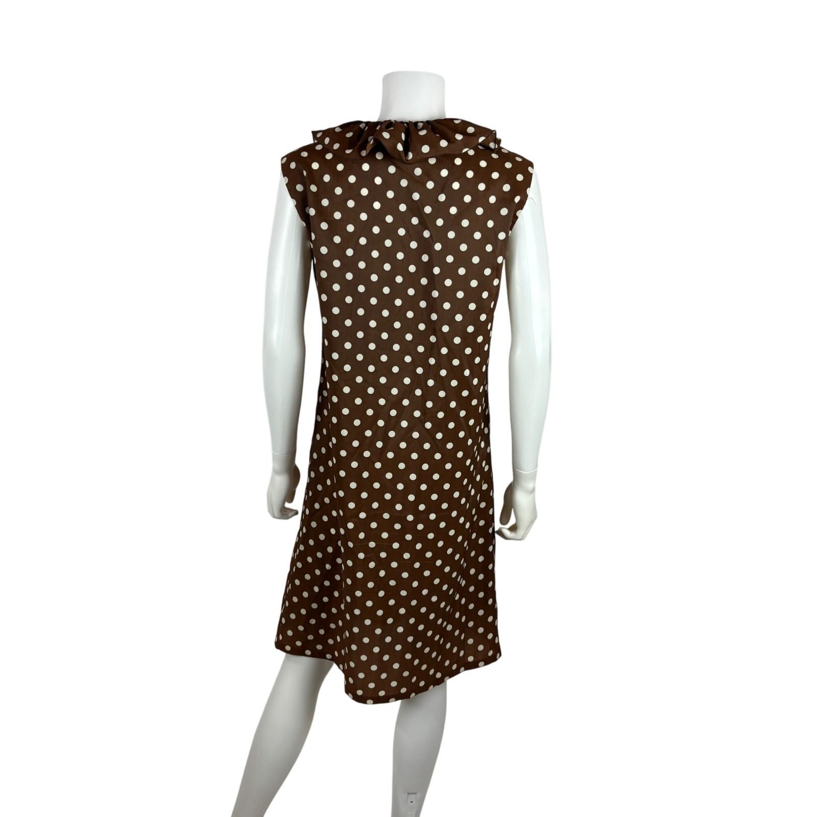 Vintage 60s Polka Dot Dress Womens Large Brown White Ruffle Collar Shift