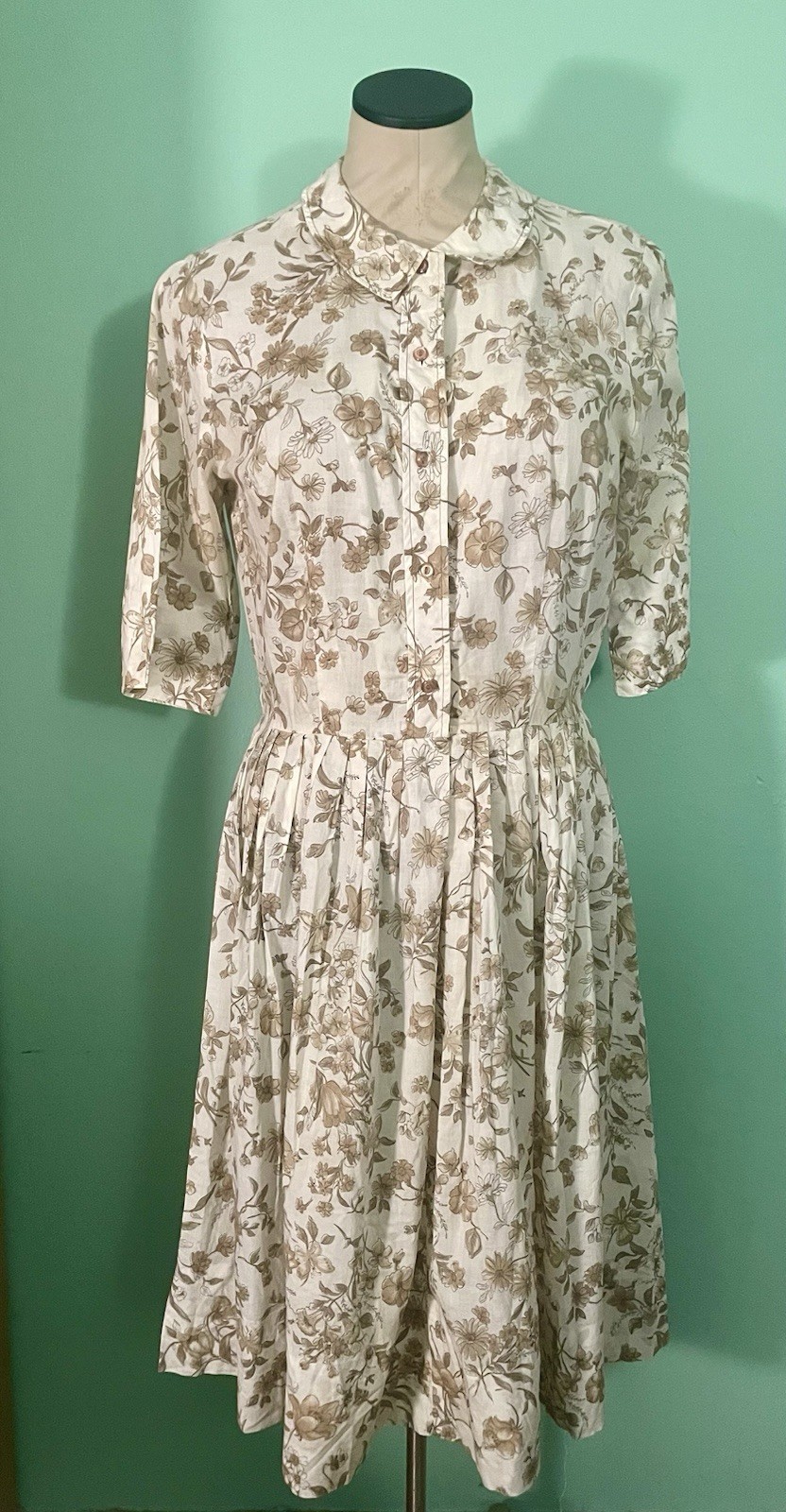 Vintage 1960s Cos Cob Cream Tan Floral Shirtwaist Pleated Dress Womens 8 Cotton