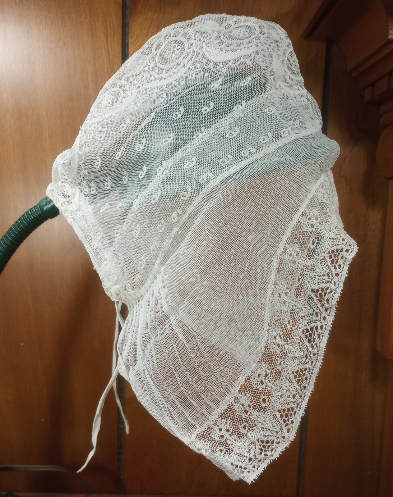 ANTIQUE Victorian Appliquéd LACE BONNET Fine Mesh Net
